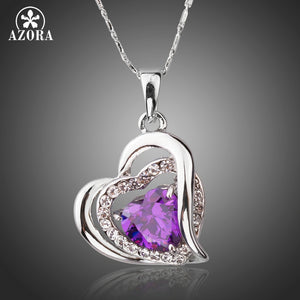 AZORA Forever Love Three Heart Superposition Romantic Purple Cubic Zirconia Pendant Necklaces for Valentine's Day Gift TN0200