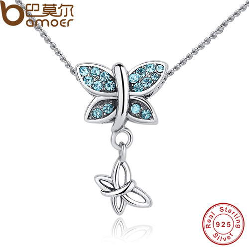 925 Sterling Silver Blue Crystals Butterfly Pendant Necklace