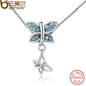 925 Sterling Silver Blue Crystals Butterfly Pendant Necklace