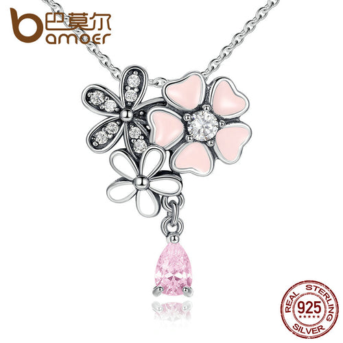 925 Sterling Silver Pink Heart Blossom Cherry Flower Pendants & Necklaces Women Jewelry