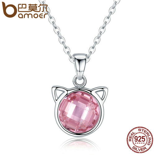 925 Sterling Silver Cute Cat Pendant Necklace with Pink Zircon