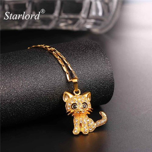 Rhinestone Cute Cat Pendant Necklace Chain