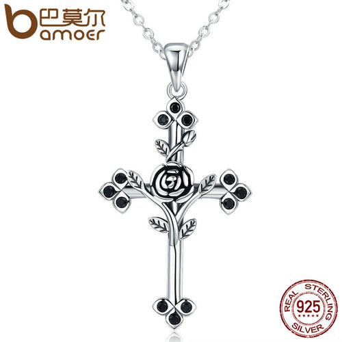 925 Sterling Silver Rose Flower Leaf Cross Pendant Necklaces for Women