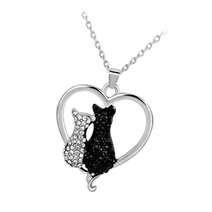 White Black Crystal Two Cats in a Heart Shape Pendant Necklace