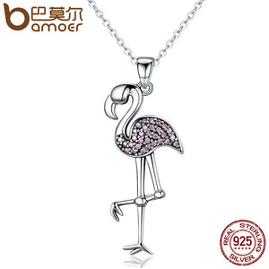 925 Sterling Silver Flamingo Bird Pendant Necklace with Clear Pink CZ Women Luxury Jewelry