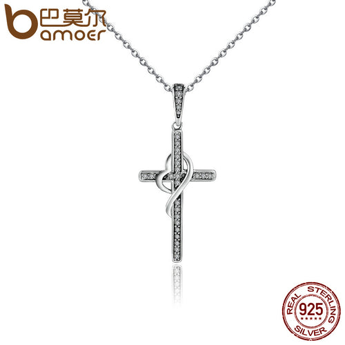925 Sterling Silver Faith In Heart Cross Crystal Women Pendant Necklace