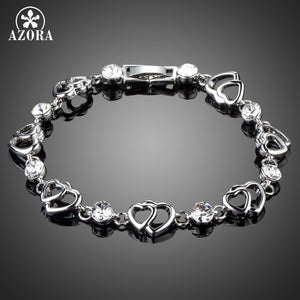 AZORA Double Heart with Clear Austria Rhinestone White Gold Color Bracelet for Valentine's Day Gift of Love TS0151
