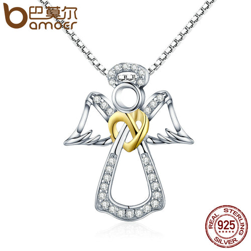 925 Sterling Silver Guardian Angel Heart Pendant Necklace