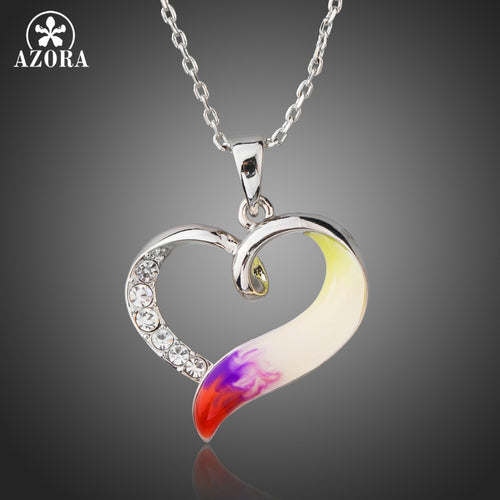 AZORA Unique Handmade Oil Painting Stellux Austrian Crystal Forever Love Heart Pendant Necklaces for Valentine's Day Gift TN0194