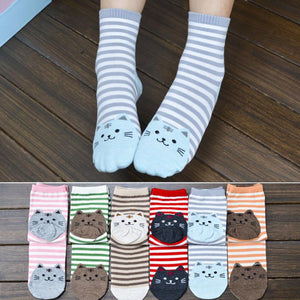 6 Colors Cat Footprints Striped Women Cotton Socks