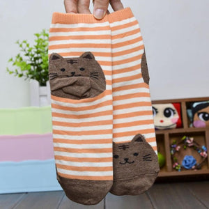 6 Colors Cat Footprints Striped Women Cotton Socks