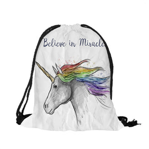 Believe in Miracle Unicorn Print Drawstring Backpack Shoulder Bags Satchel Pouch